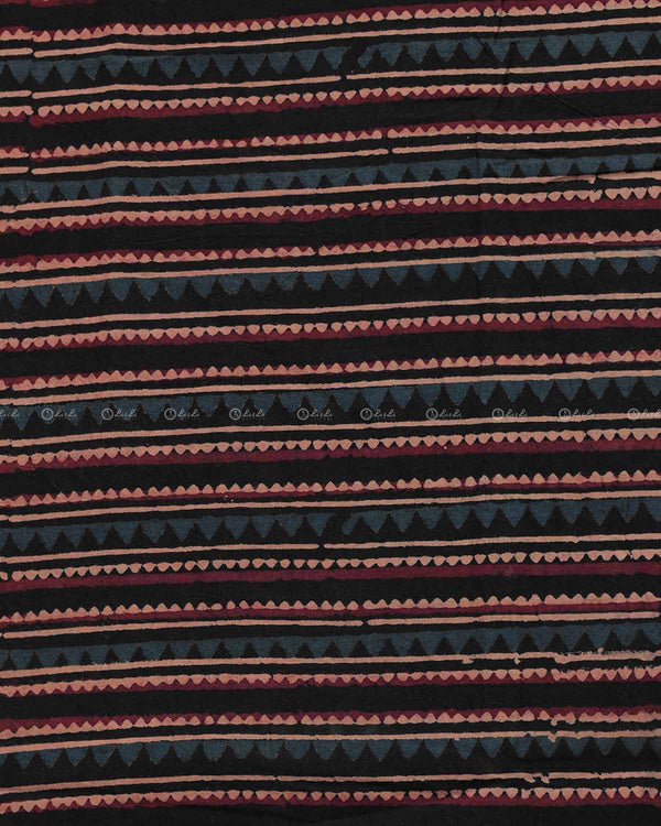 Tribal Stripes Motif Hand Block Print ed Black Cotton Fabric