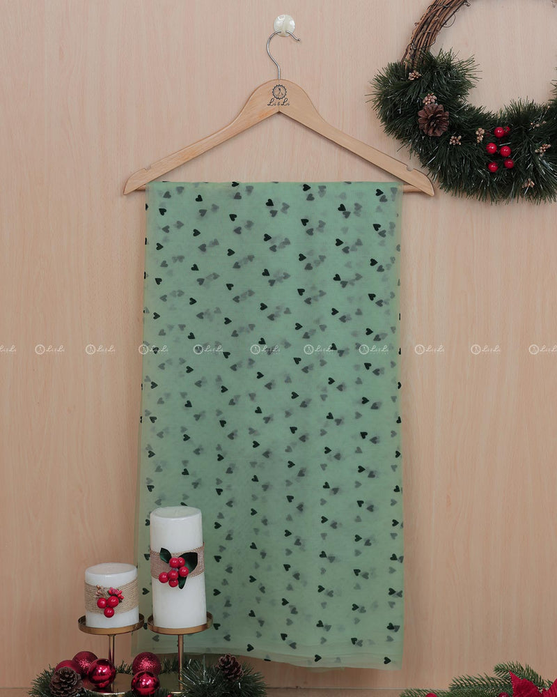 Sage Green  Net Fabric with Forest Green Hearts Pattern