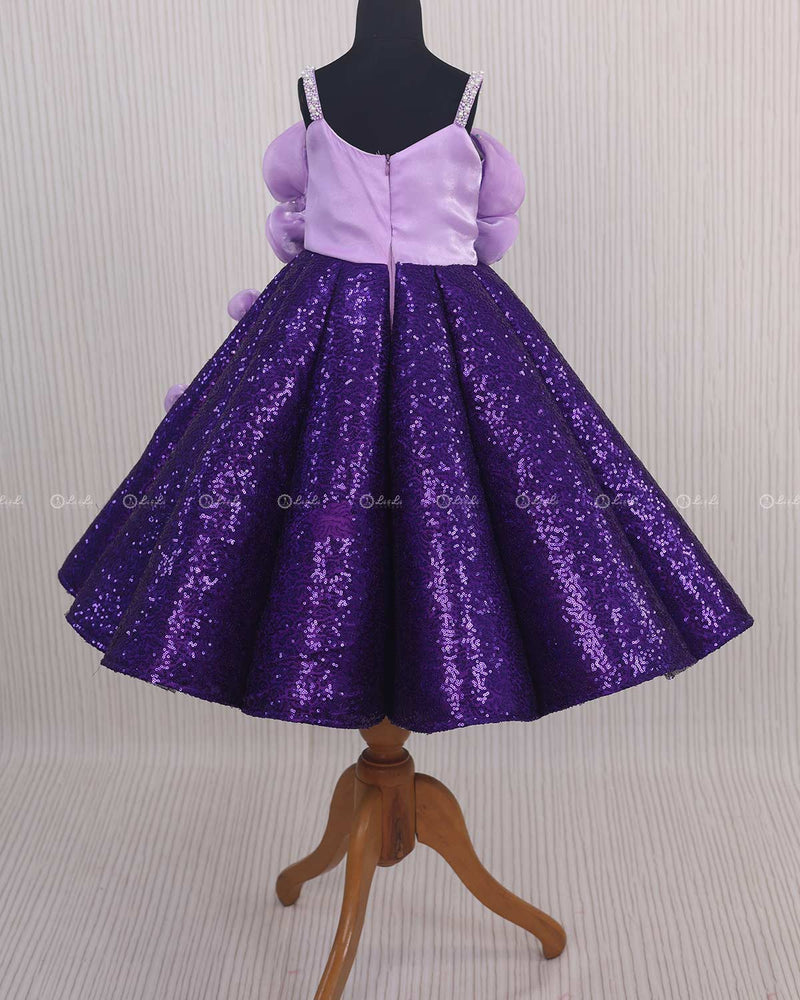 Purple Sequence Panel Gown Highlighted With Light Lavender 3D Rose Flowers