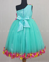 Aqua Blue One Shoulder Frock with Pink & Yellow Petal Embellishment