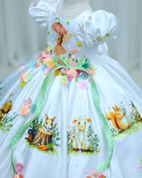 Imported Satin Puff Nature Fantasy-Themed Fairy & Animal Full Gown - White(New)