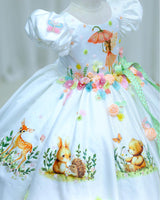 Imported Satin Puff Nature Fantasy-Themed Fairy & Animal Full Gown - White(New)