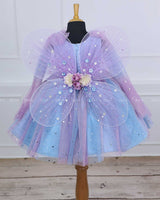 Blue & Lavender Shade Ball Gown with Attachable Sleeve Trail