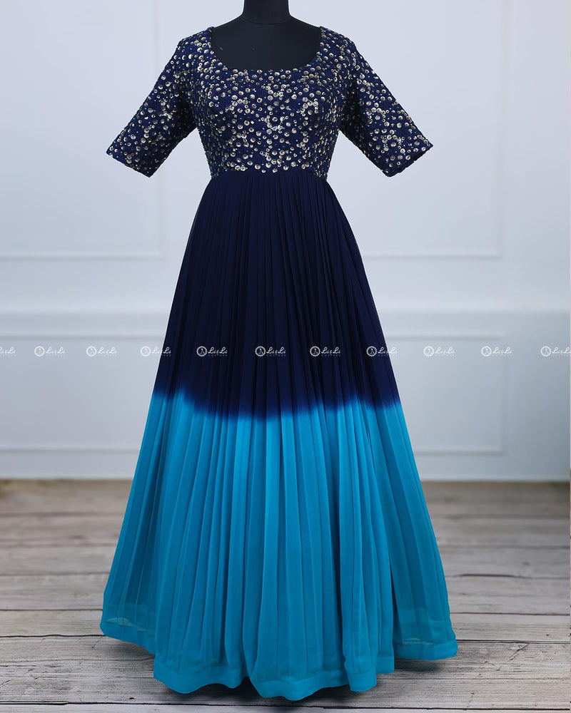 Royal Blue and Sea Blue Pleated Georgette Gown