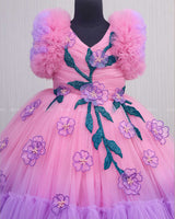 Lavender and Pink Double Shaded Gown with Handicrafted Flowers and Leaves