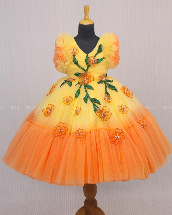 Beautiful Orange and Yellow Double Shaded Gown with Handicrafted Flowers and Leaves