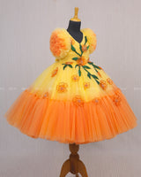 Beautiful Orange and Yellow Double Shaded Gown with Handicrafted Flowers and Leaves