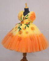 Beautiful Orange and Yellow Double Shaded Gown with Handicrafted Flowers and Leaves