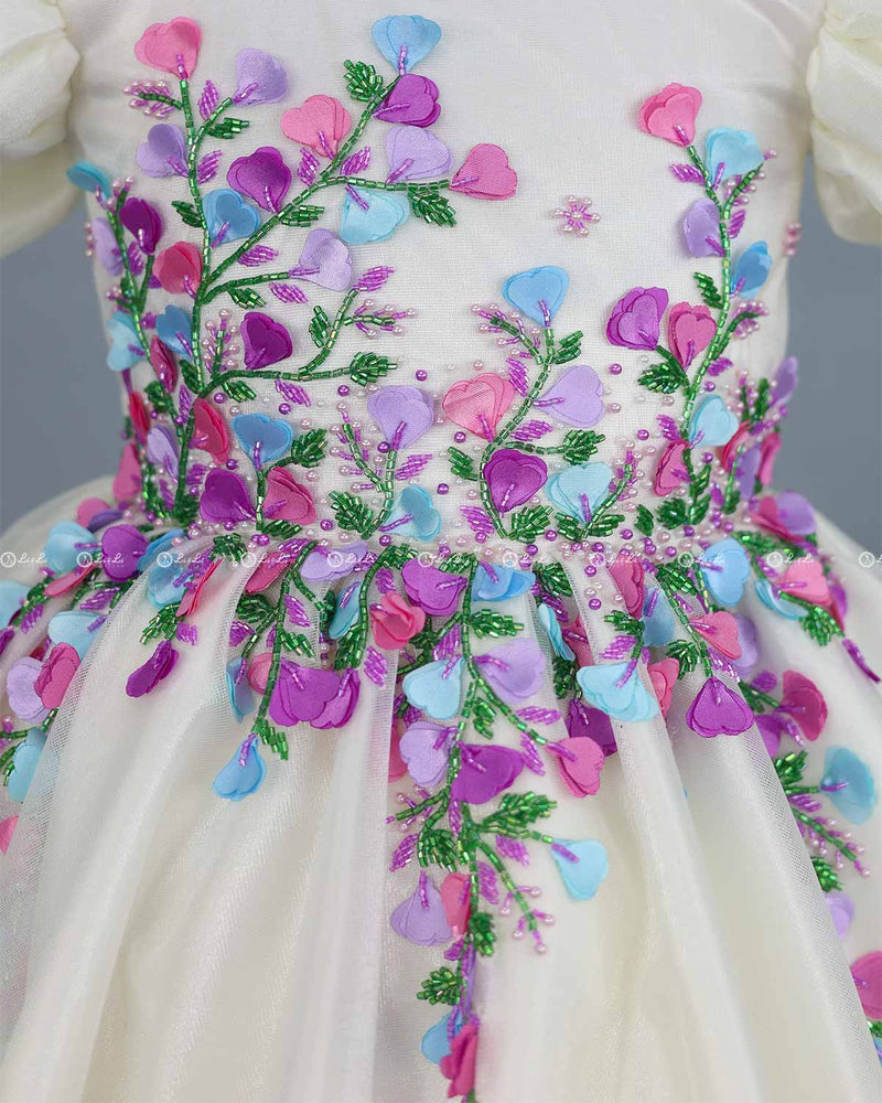 Elegant White Gown Highlighted with Handcrafted Multicolour Flowers