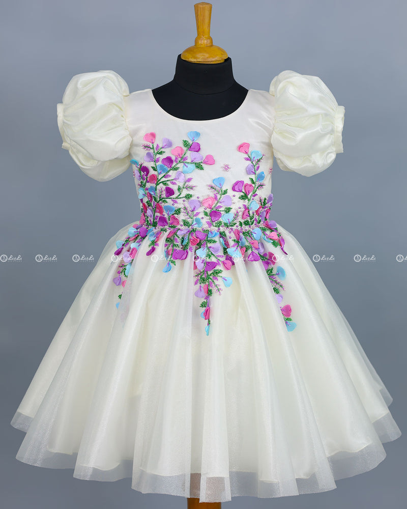 Elegant White Gown Highlighted with Handcrafted Multicolour Flowers