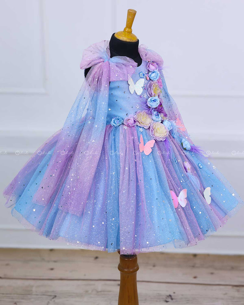 Blue & Lavender Shade Ball Gown with Attachable Sleeve Trail