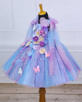 Blue & Lavender Shade Ball Gown with Attachable Sleeve Trail