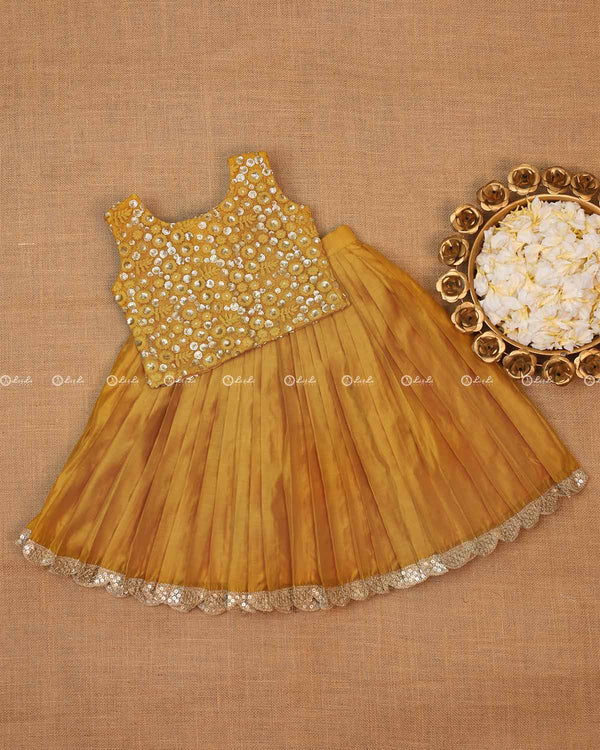 Golden Yellow Color Skirt With Embroidery Material Top.