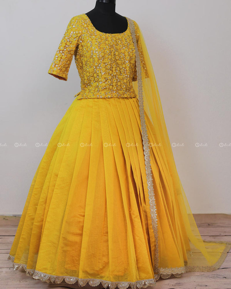 Golden Yellow Color Skirt With Embroidery Material Top with Dupatta