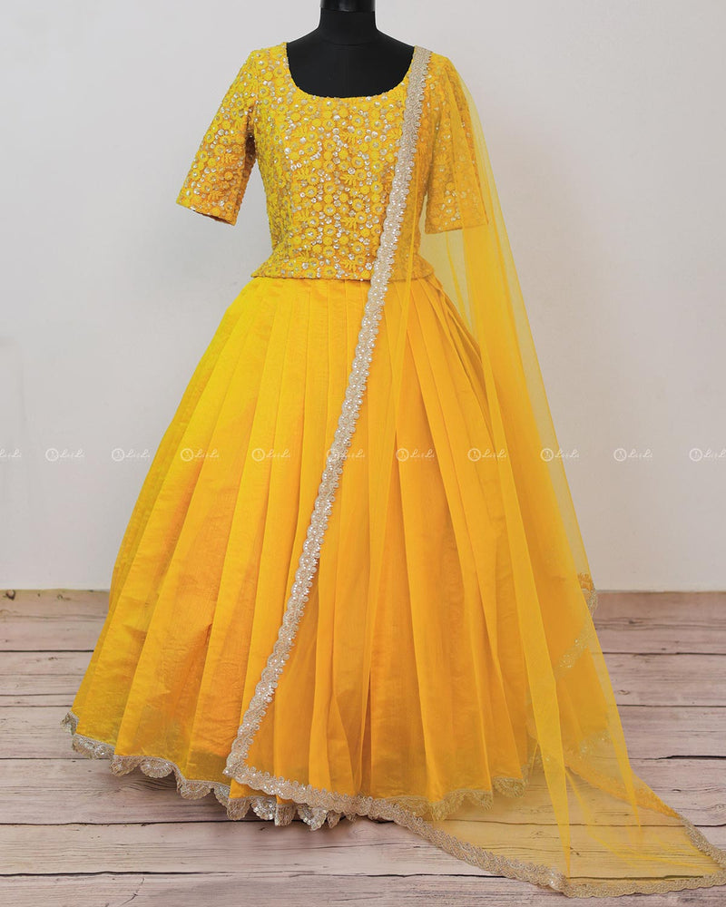 Golden Yellow Color Skirt With Embroidery Material Top with Dupatta