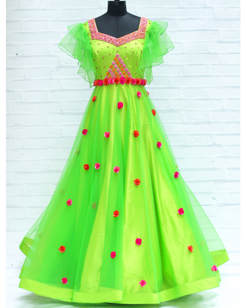 Shop Bright Parrot Green Gown With Heavy Beaded Yoke www.liandli.in Shop Bright Parrot Green Gown With Heavy Beaded Yoke www.liandli.in