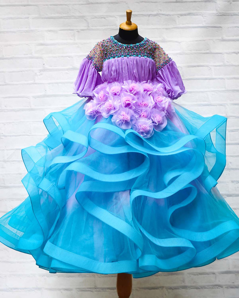 Ball Gown Pink And Blue Combination Gown Party Wear Gown Blue Pink