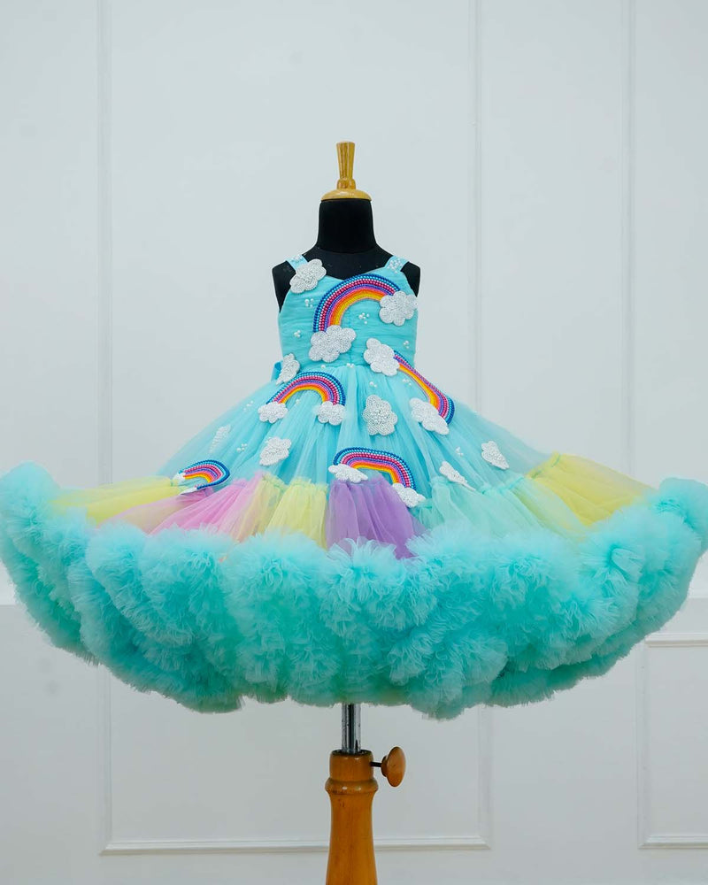 Light aqua blue Rainbow theme heavy beaded frill gown