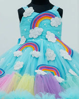 Light aqua blue Rainbow theme heavy beaded frill gown