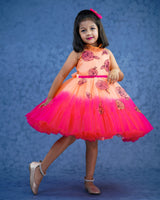 Ombre shaded peach and coral pink short dress with hand crafted cartoon rose embellishment