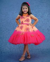 Ombre shaded peach and coral pink short dress with hand crafted cartoon rose embellishment