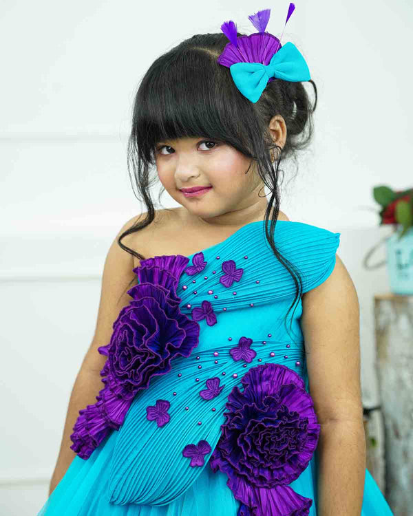 Sea blue and purple high and low gown with fabric manipulated embellishments