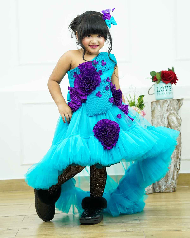 Sea blue and purple high and low gown with fabric manipulated embellishments