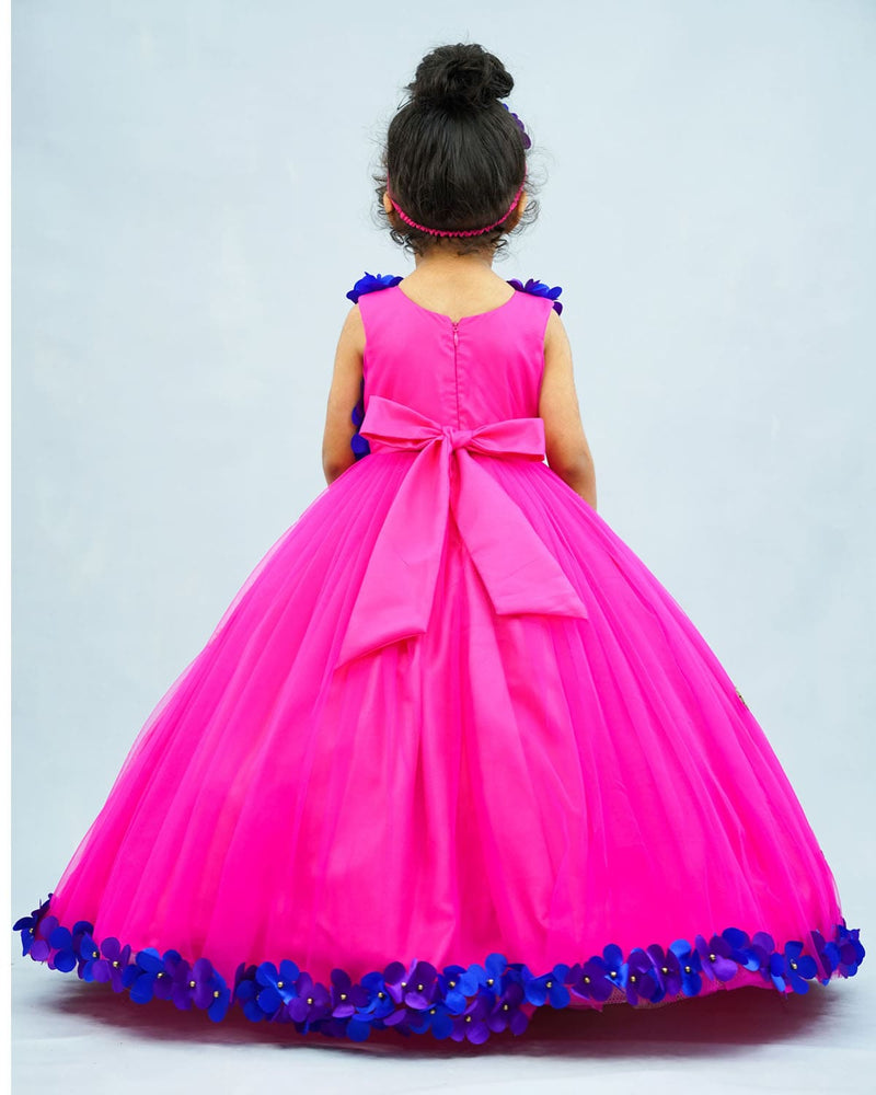 Rani Pink Pleated Gown with Rich Blue & Purple Flower Work