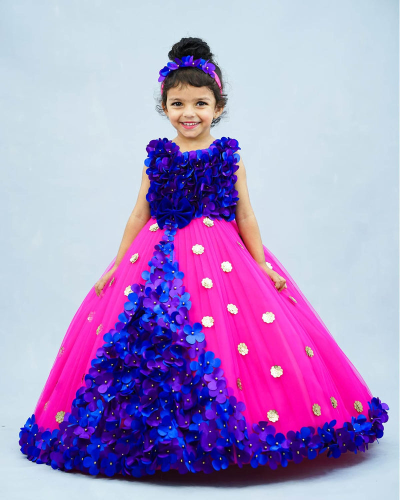 Buy Rani Pink Pleated Gown With Rich Blue & Purple Flower Work www.liandli.in Buy Rani Pink Pleated Gown With Rich Blue & Purple Flower Work www.liandli.in