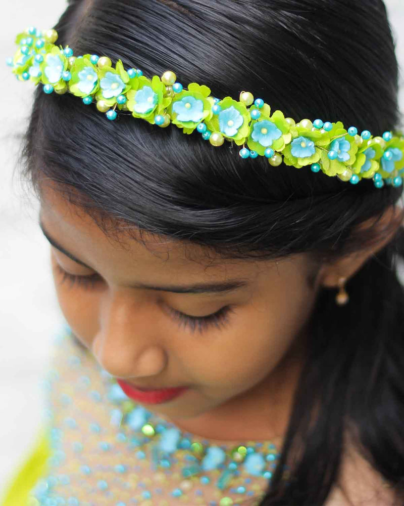 Green and turquoise blue, flower and bead embellished tiara