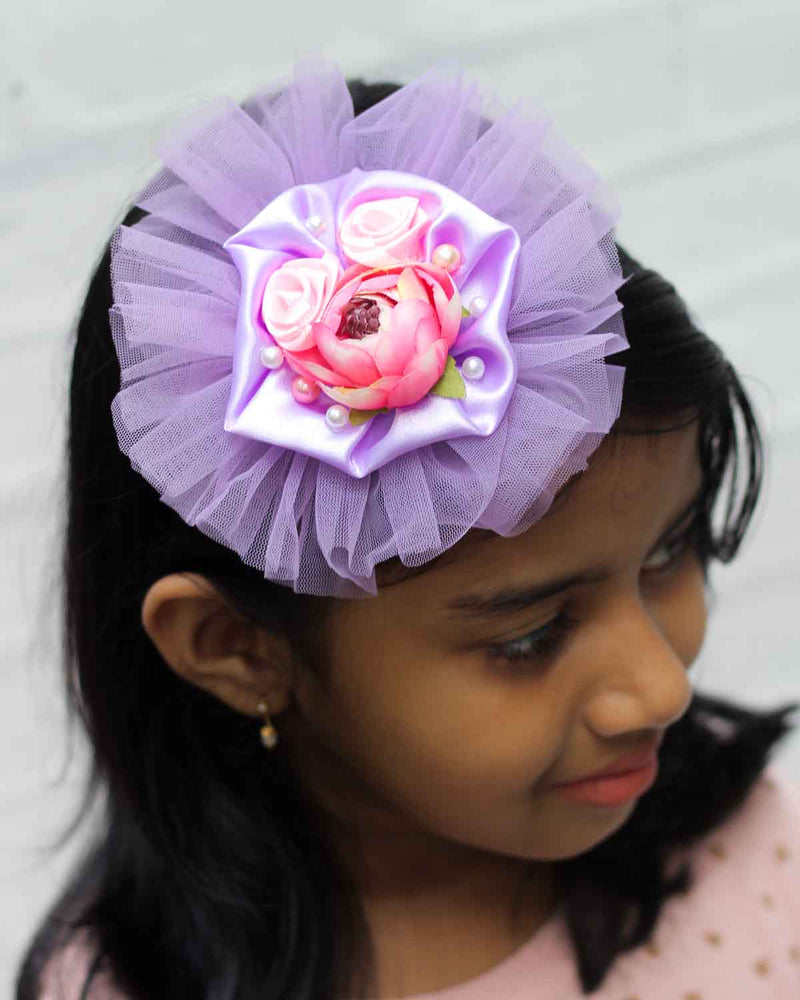 Lavender Fascinator hair clip with pink shaded artificial flowers