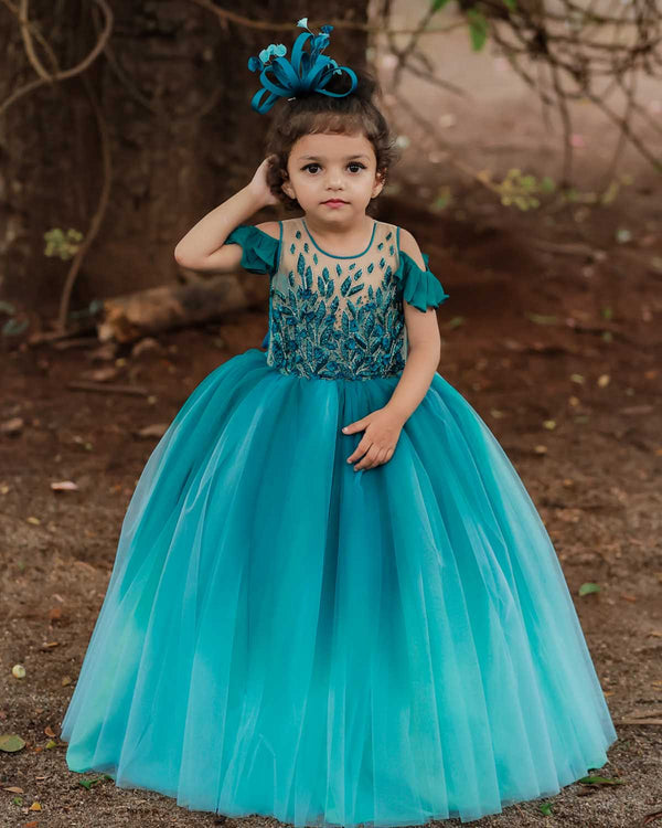 Pretty teal - teal blue with plight aqua blue ombre shaded  party wear gown with rich hand work
