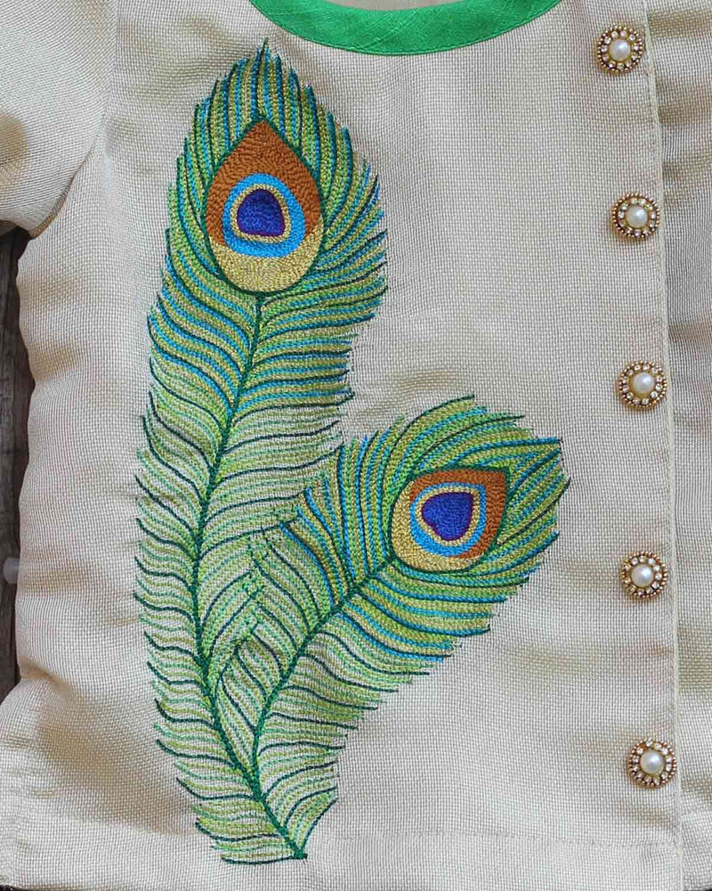 Ivory Overlapped Kurta With Peacock Feather Embroidery And Blue Dhoti