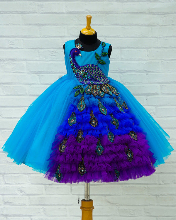 Buy kids party wear online | Blue Peacock pattern frocks for girls