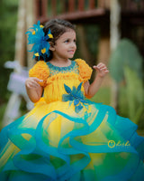 Sunny Refreshing Aqua - Yellow And Sea Blue Ombre Shaded Twirled Party Wear Gown