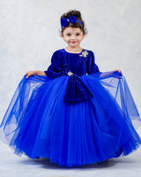 Royal Blue Velvet Partywear Gown with Designer Bow Detailing