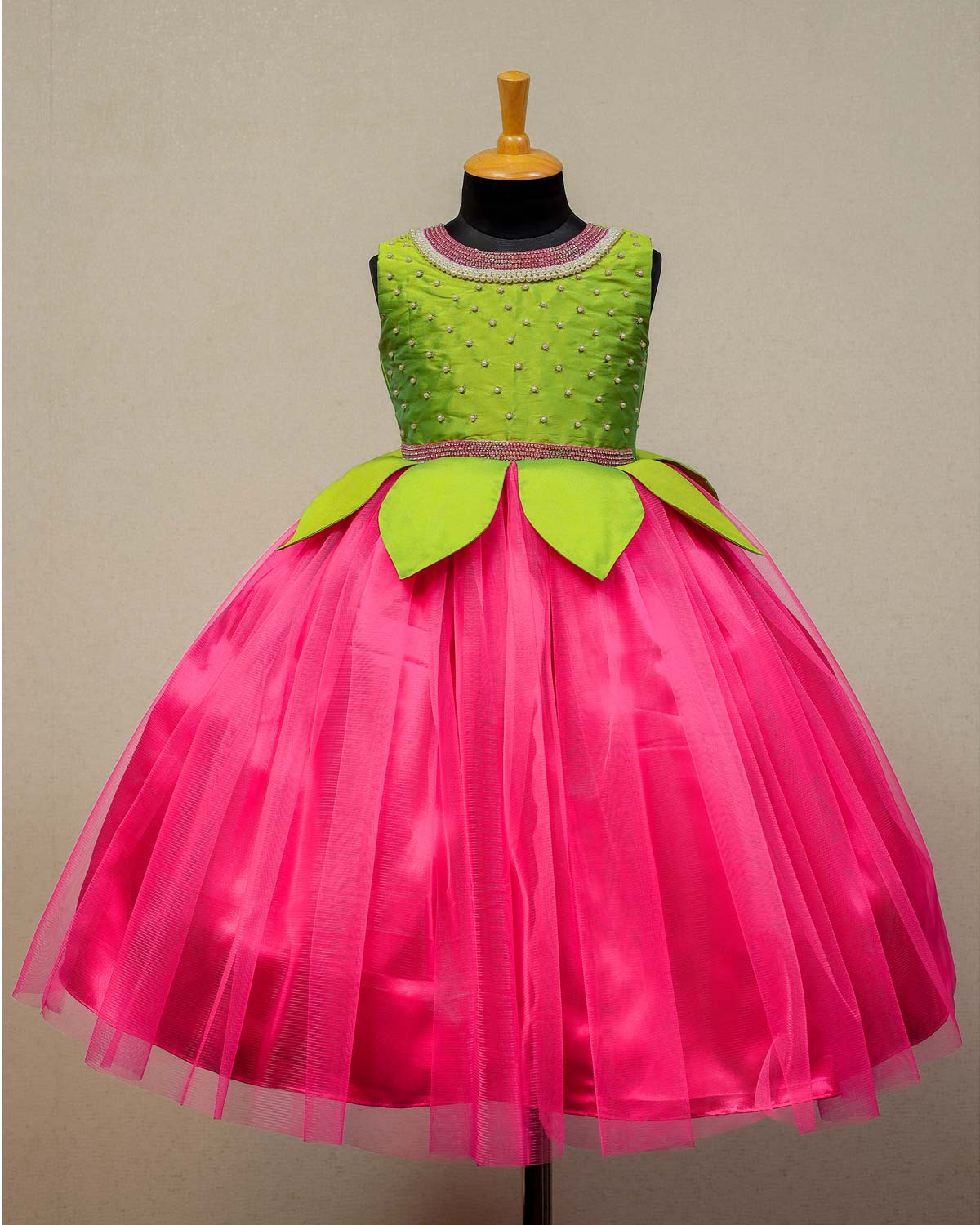 Light Parrot Green And Pink Lotus Design Gown | Designer Gown – www ...
