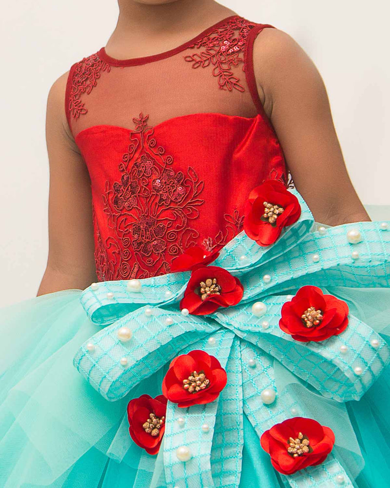 Blood Red and Aqua Blue Asymmetrical Designer Gown