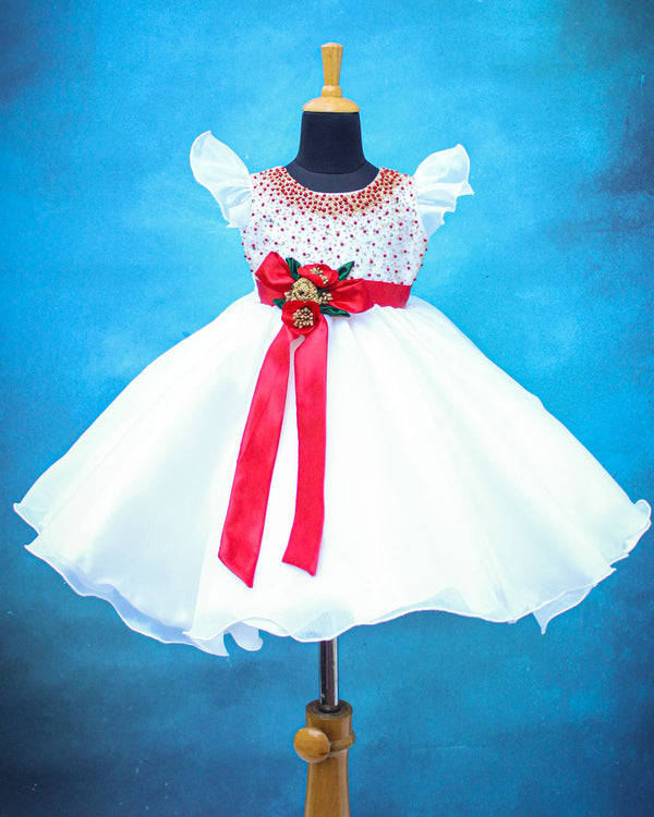 Milky White and Red Organza Gown with Spread Bead Work