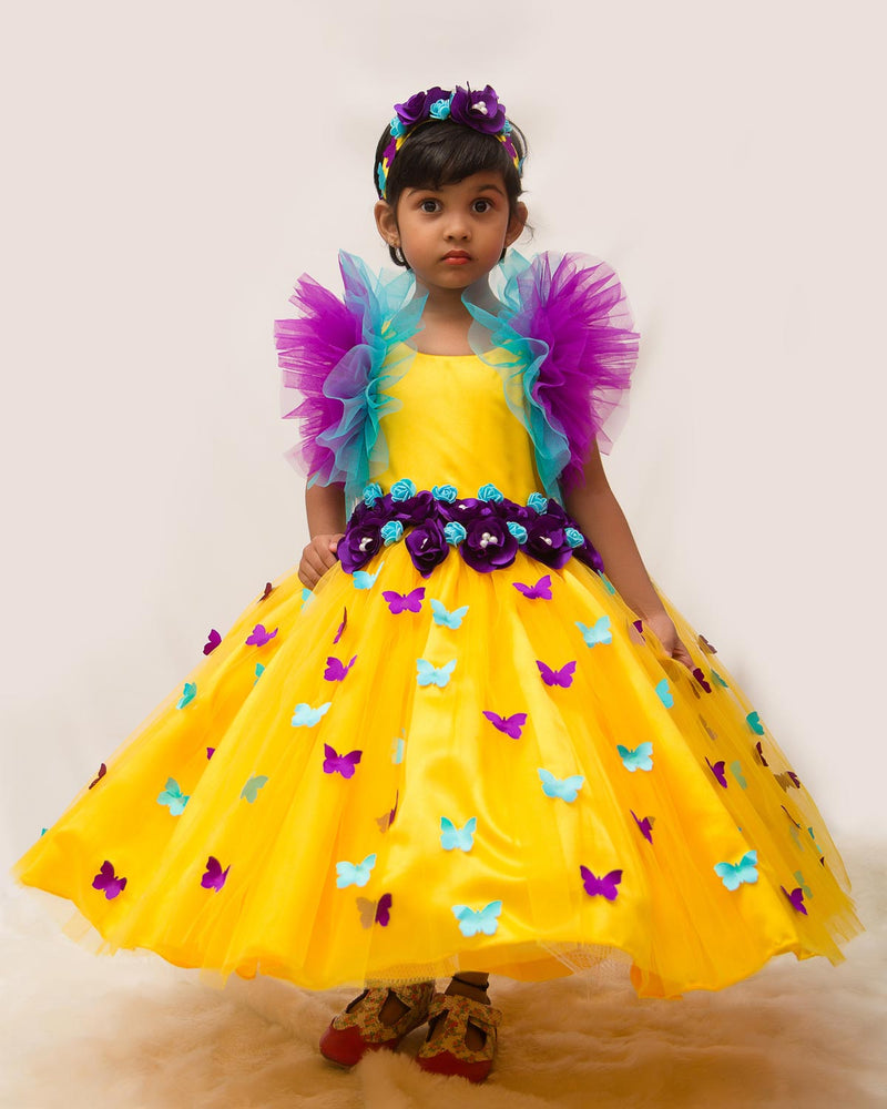 Yellow and Purple Flower and Butterfly Frock