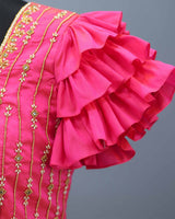 Yellow and pink shibori printed skirt and hand worked fuchsia pink top