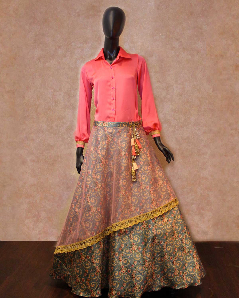 Indo-Western Peach Shirt and Printed Skirt Online | Women wear online