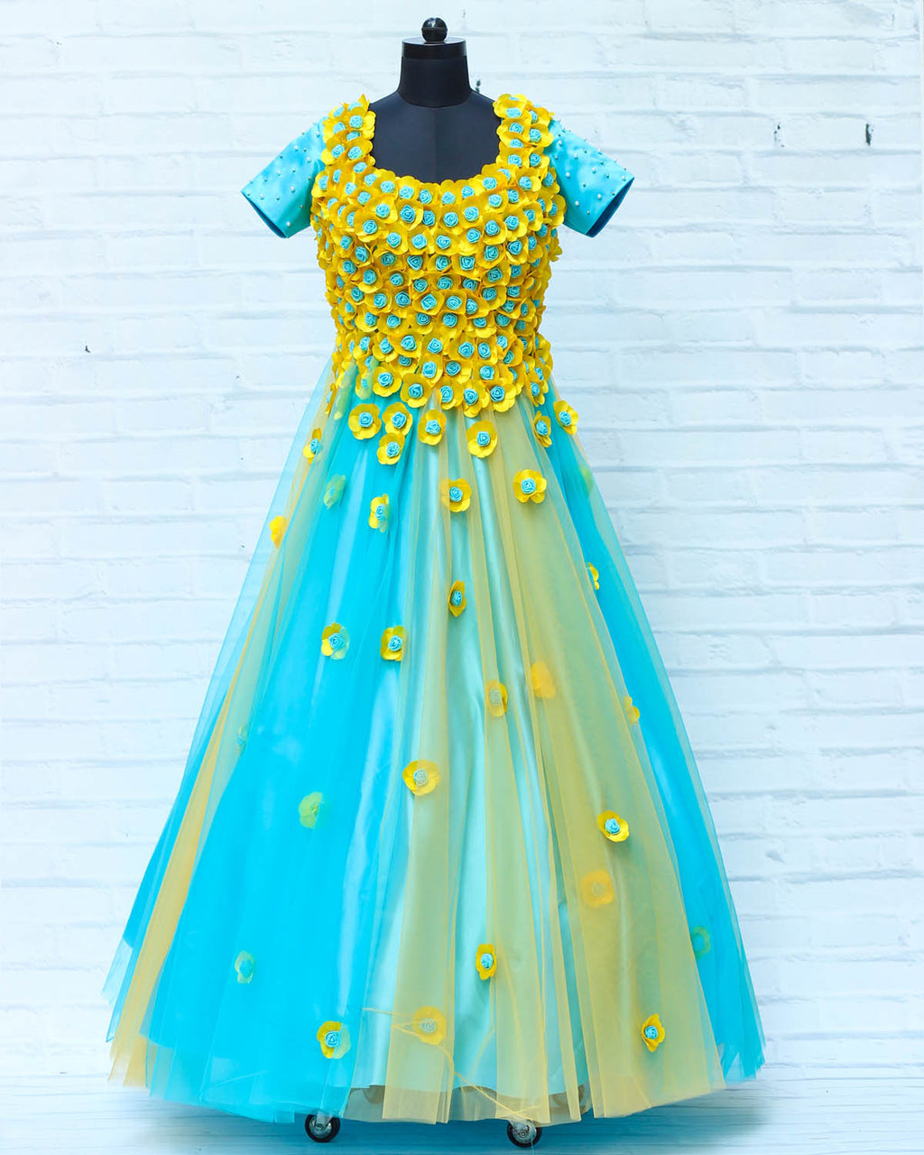 Buy Yellow And Sky-Blue Combo Flower Gown Online | Gown www.liandli.in Buy Yellow And Sky-Blue Combo Flower Gown Online | Gown www.liandli.in