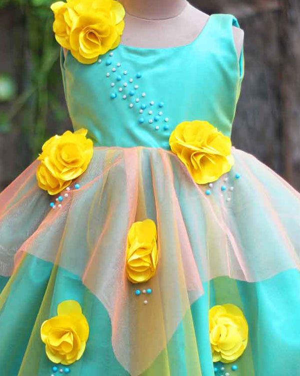 Teal Blue Asymmetrical Frock With Lemon Yellow Flowers