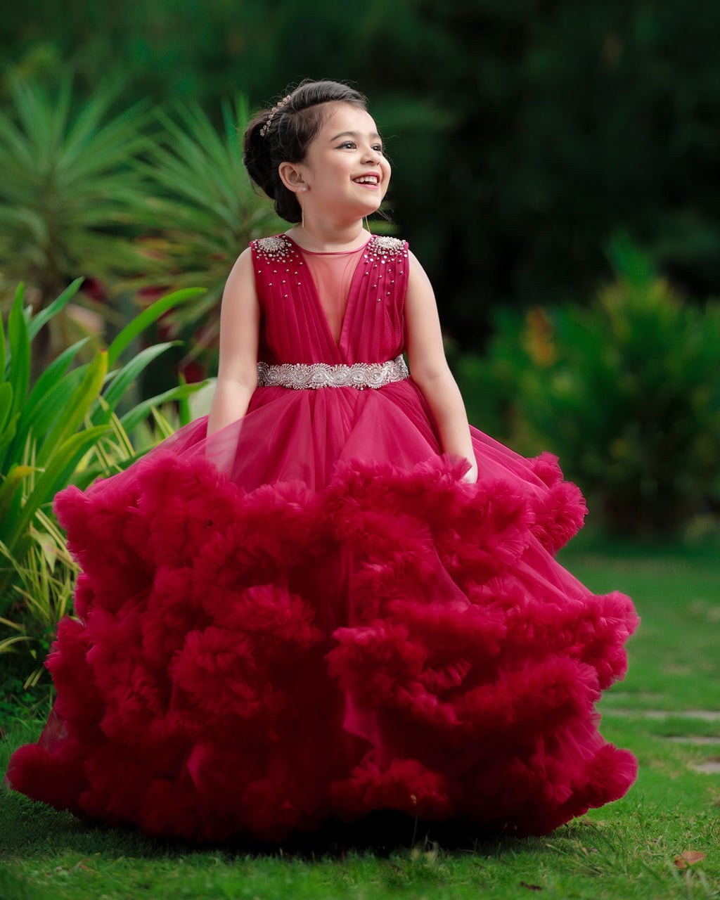 Classic Wine Red Cloudy Frilled Gown with Handcrafted Beaded Waistline
