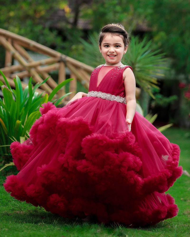 Classic Wine Red Cloudy Frilled Gown with Handcrafted Beaded Waistline